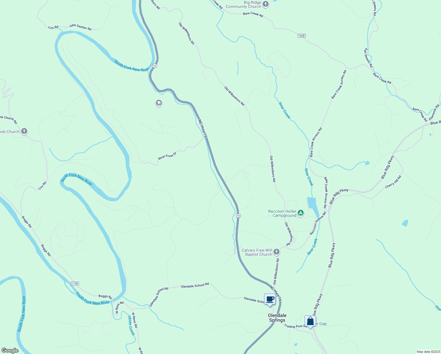 map of restaurants, bars, coffee shops, grocery stores, and more near 6046 North Carolina 16 in Jefferson