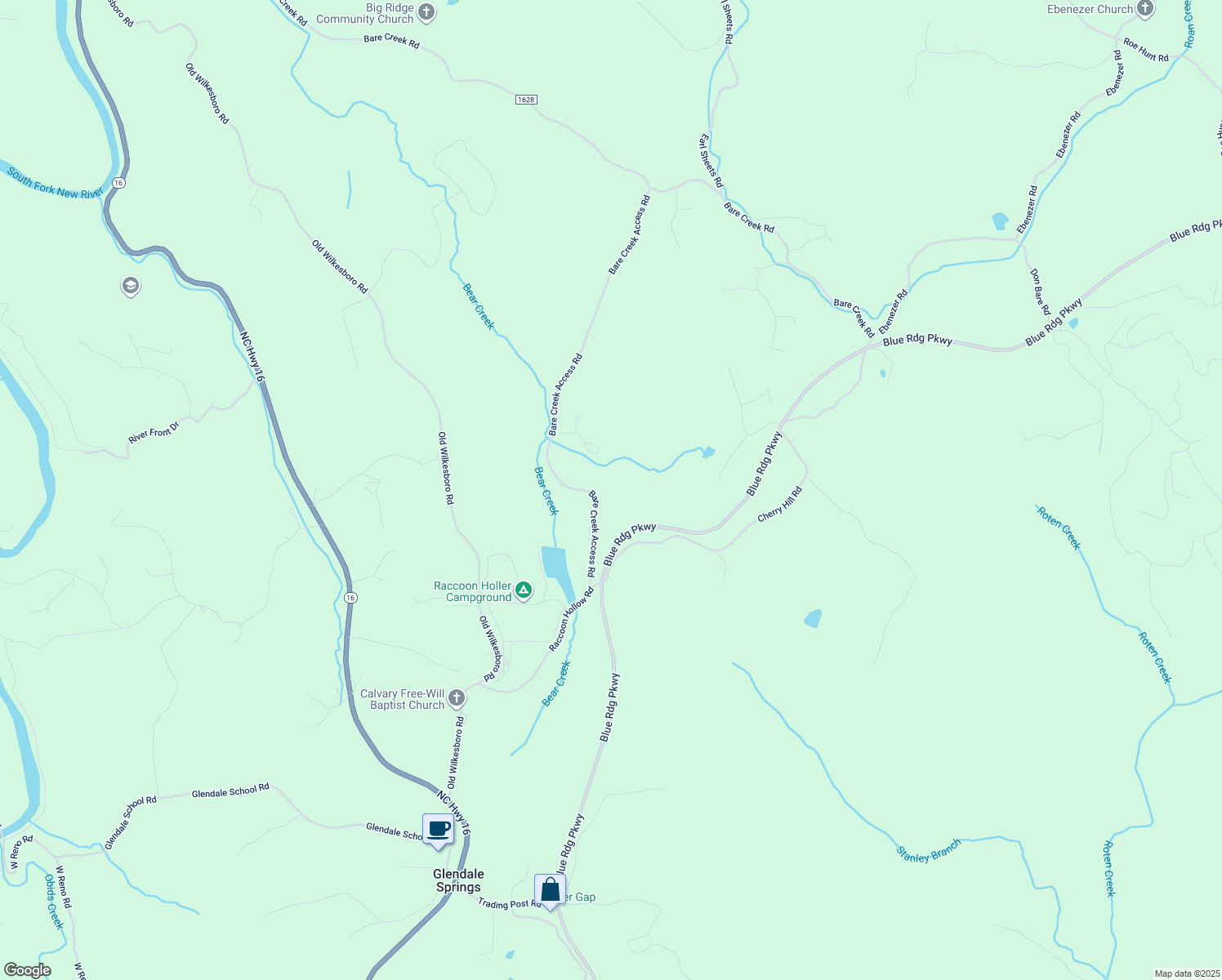 map of restaurants, bars, coffee shops, grocery stores, and more near 1145 Bare Creek Access Road in Jefferson