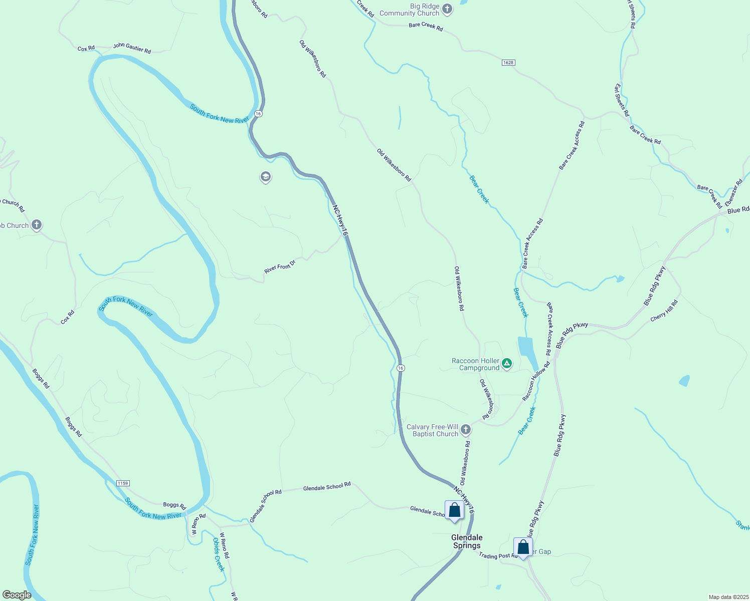 map of restaurants, bars, coffee shops, grocery stores, and more near 6057 North Carolina 16 in Jefferson