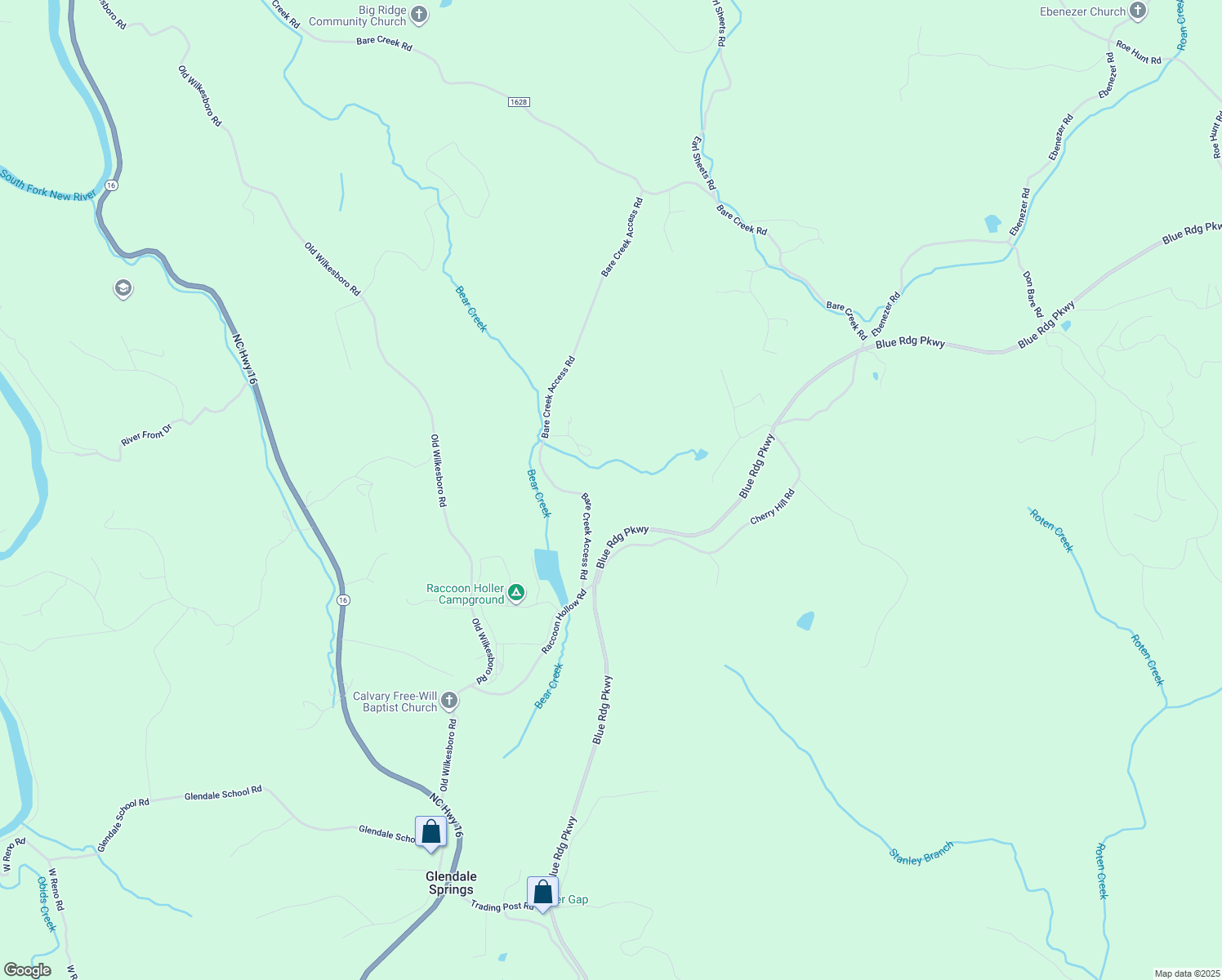 map of restaurants, bars, coffee shops, grocery stores, and more near 1145 Bare Creek Access Road in Jefferson