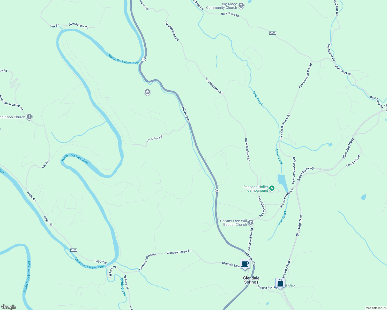 map of restaurants, bars, coffee shops, grocery stores, and more near 5994 North Carolina 16 in Jefferson