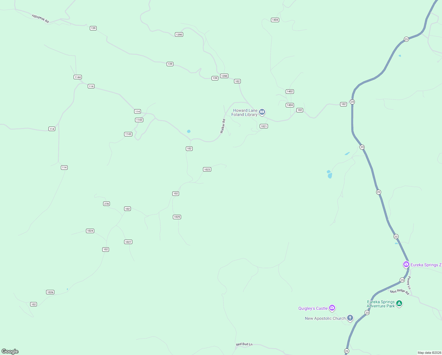 map of restaurants, bars, coffee shops, grocery stores, and more near 44 County Road 1023 in Eureka Springs