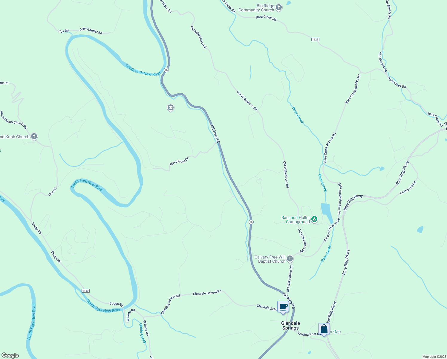 map of restaurants, bars, coffee shops, grocery stores, and more near 5994 North Carolina 16 in Jefferson