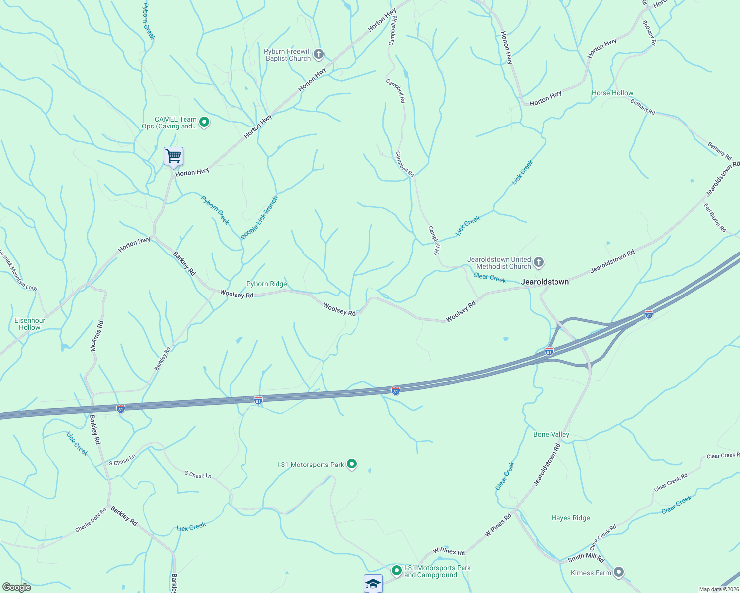 map of restaurants, bars, coffee shops, grocery stores, and more near 1160 Woolsey Rd in Greeneville