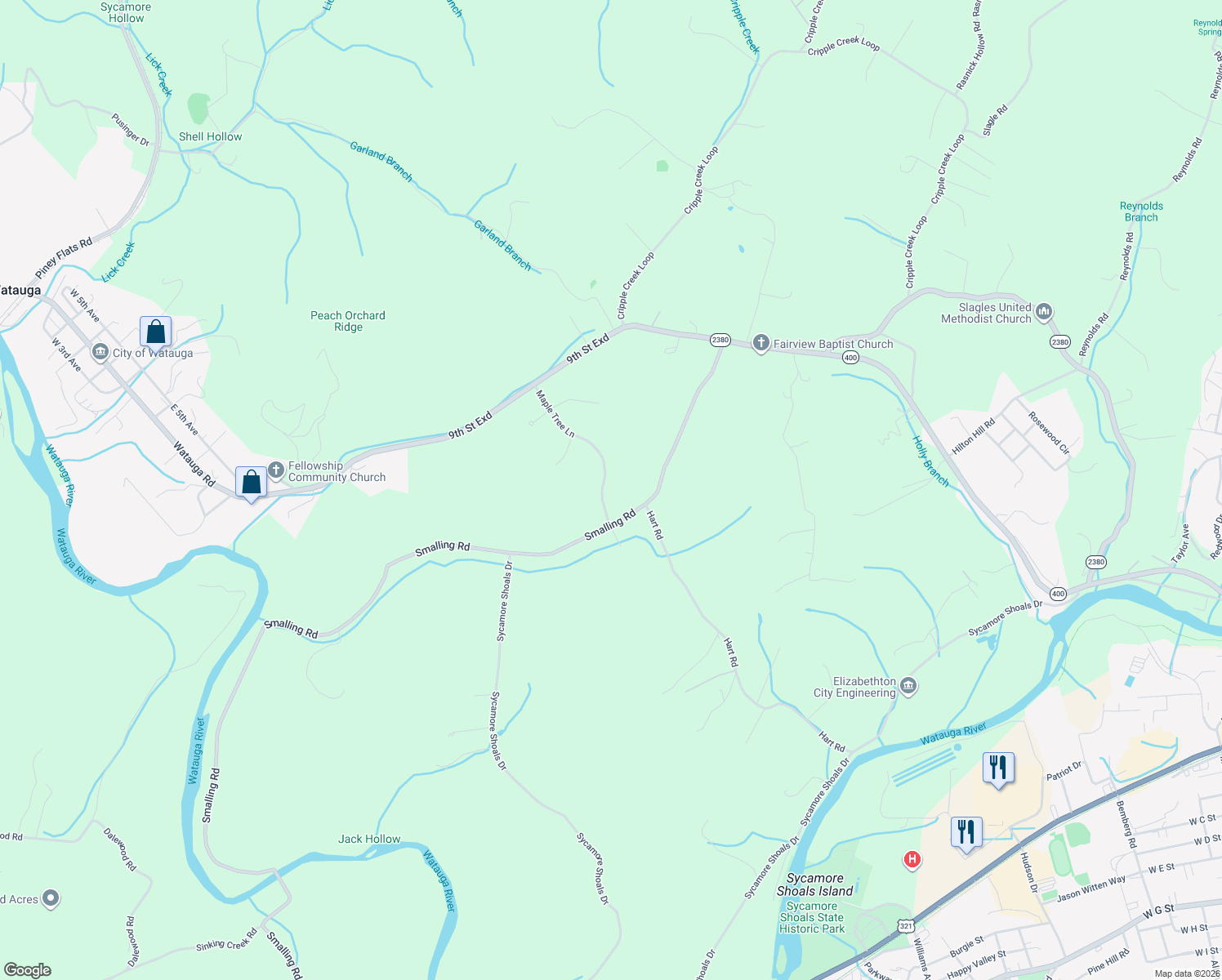 map of restaurants, bars, coffee shops, grocery stores, and more near 191 Maple Tree Lane in Watauga
