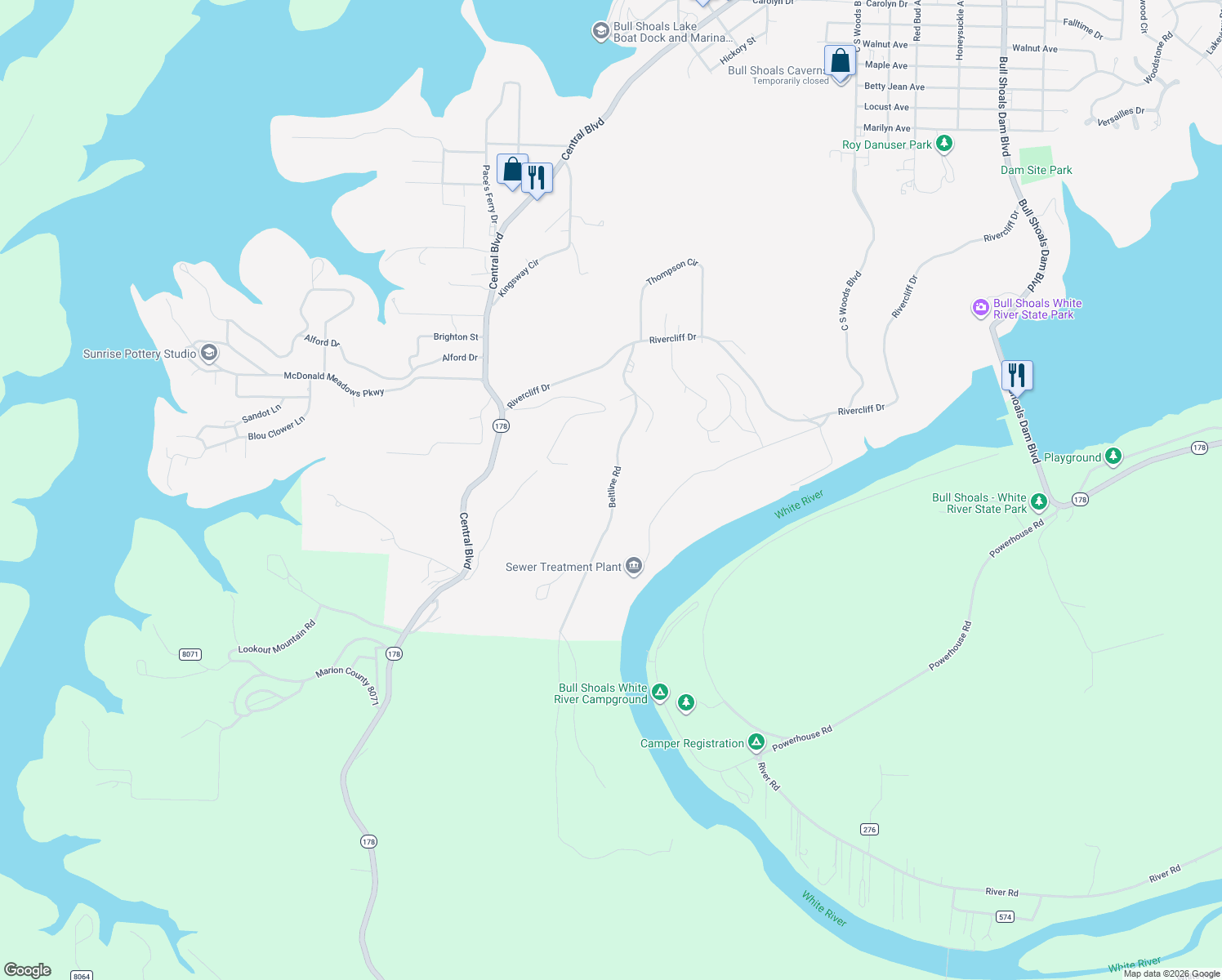 map of restaurants, bars, coffee shops, grocery stores, and more near Beltline Road in Bull Shoals