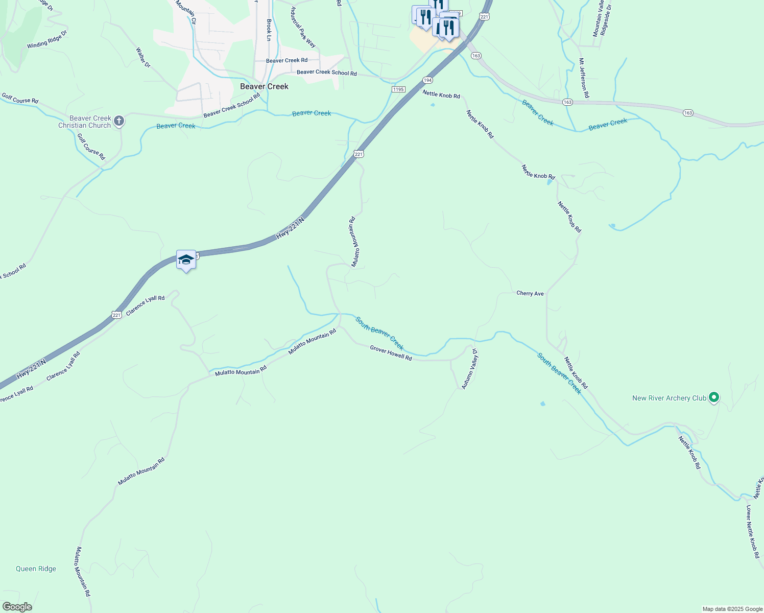 map of restaurants, bars, coffee shops, grocery stores, and more near 191 Country Air Lane in West Jefferson