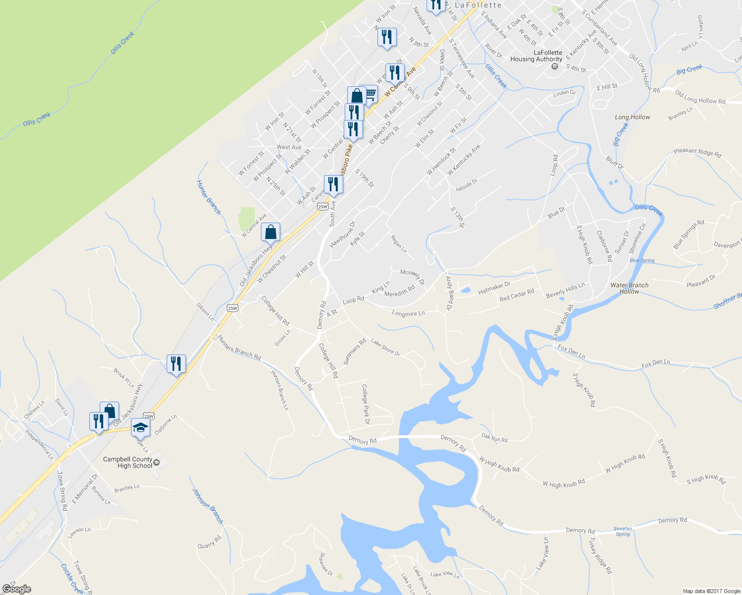 map of restaurants, bars, coffee shops, grocery stores, and more near 1834 Loop Road in LaFollette