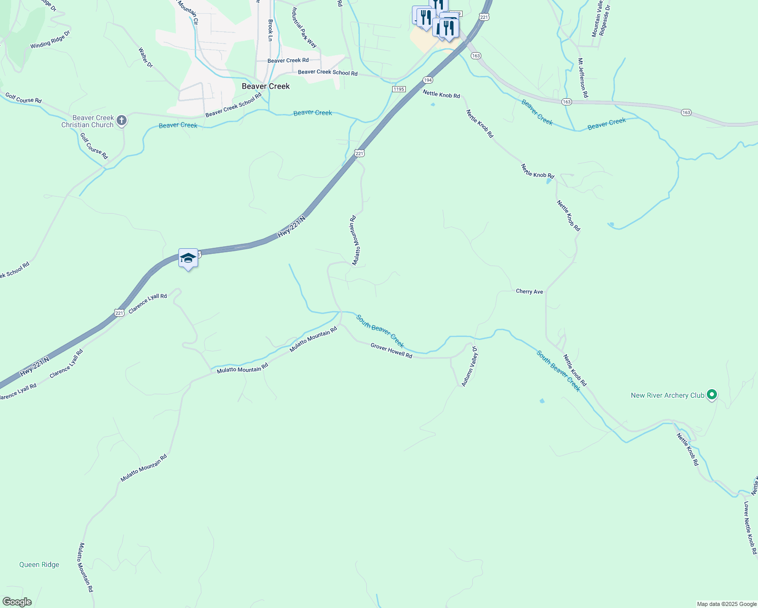 map of restaurants, bars, coffee shops, grocery stores, and more near 191 Country Air Lane in West Jefferson