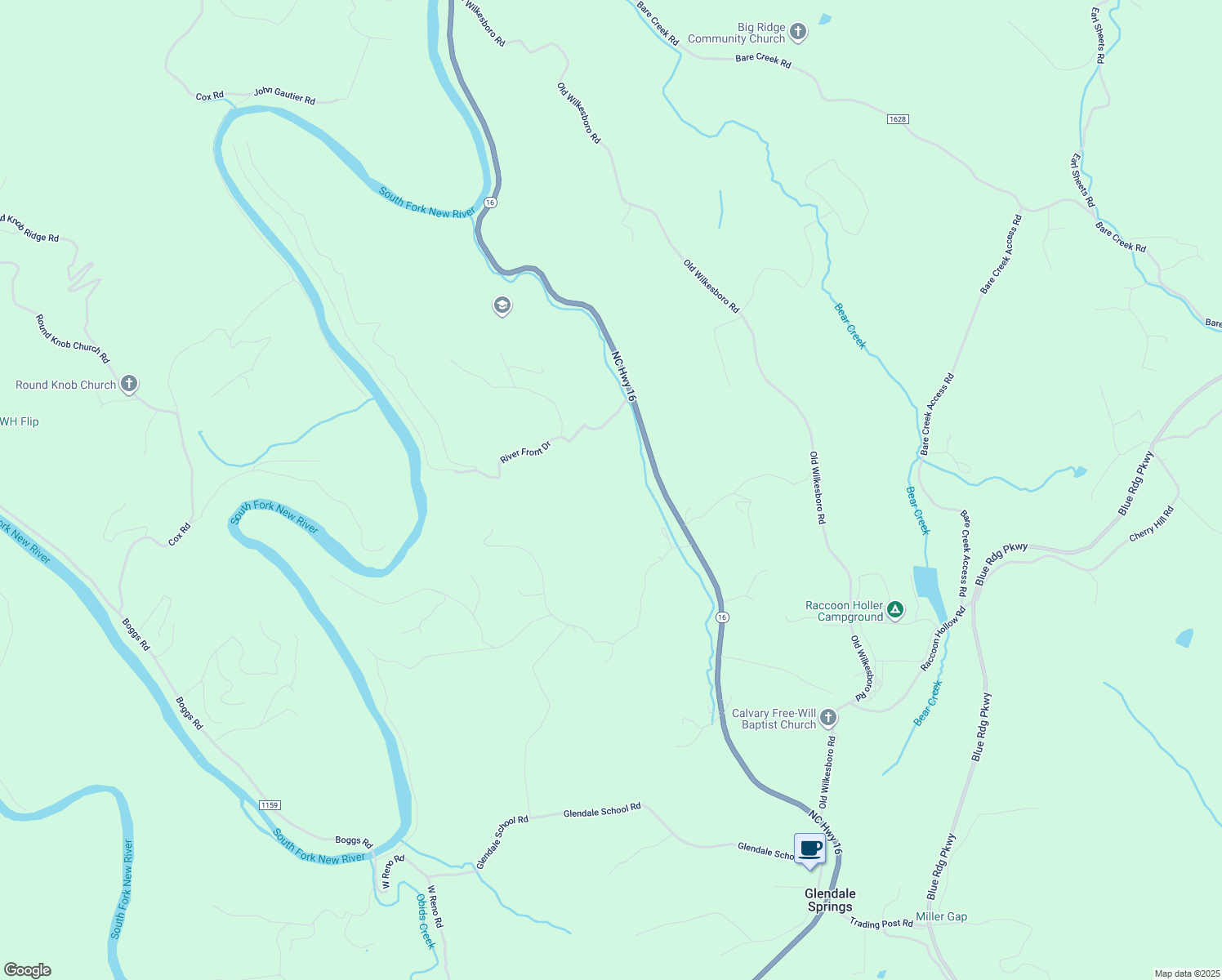 map of restaurants, bars, coffee shops, grocery stores, and more near 5924 North Carolina 16 in Jefferson