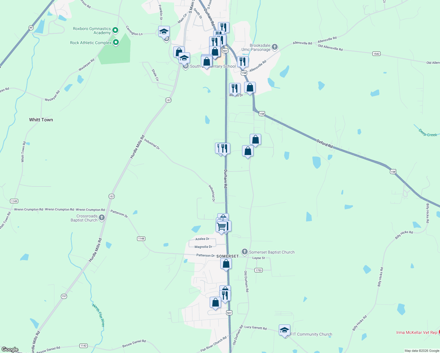map of restaurants, bars, coffee shops, grocery stores, and more near 2324 Durham Road in Roxboro