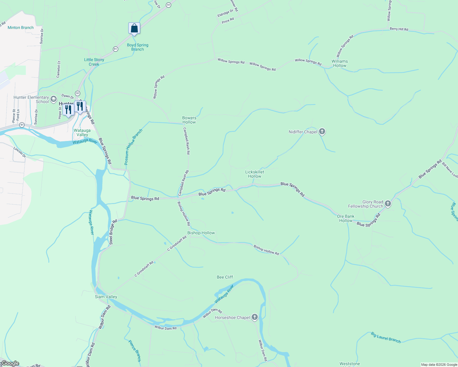 map of restaurants, bars, coffee shops, grocery stores, and more near 114 Pearl Bowers Road in Elizabethton