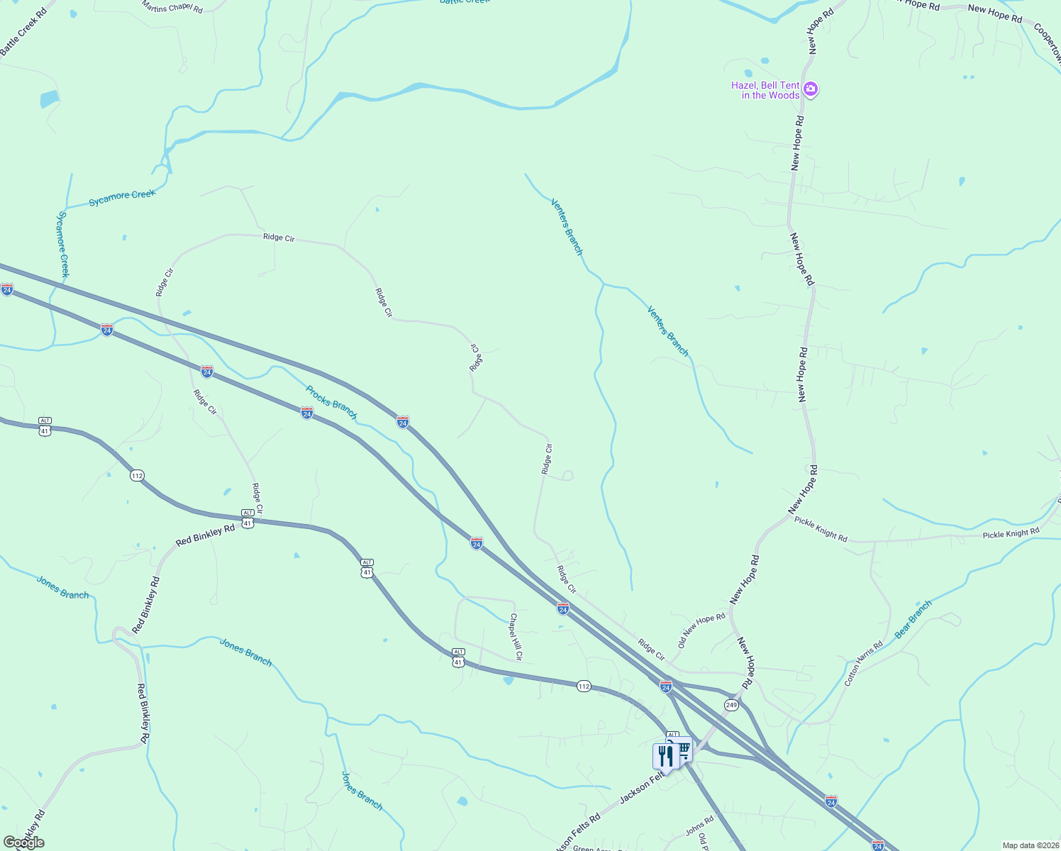 map of restaurants, bars, coffee shops, grocery stores, and more near 1366 Ridge Circle in Cheatham County