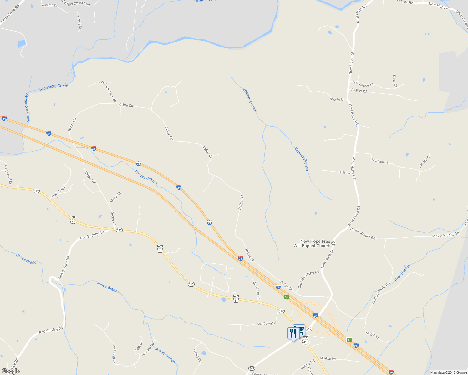 map of restaurants, bars, coffee shops, grocery stores, and more near 1366 Ridge Circle in Cheatham County