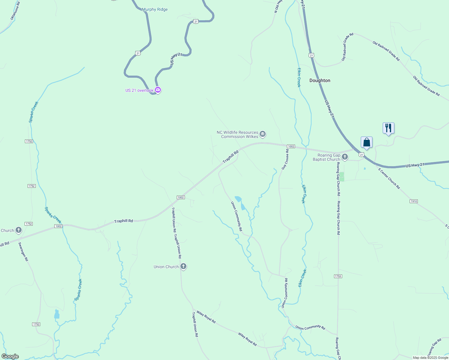 map of restaurants, bars, coffee shops, grocery stores, and more near 429 Union Community Road in Thurmond