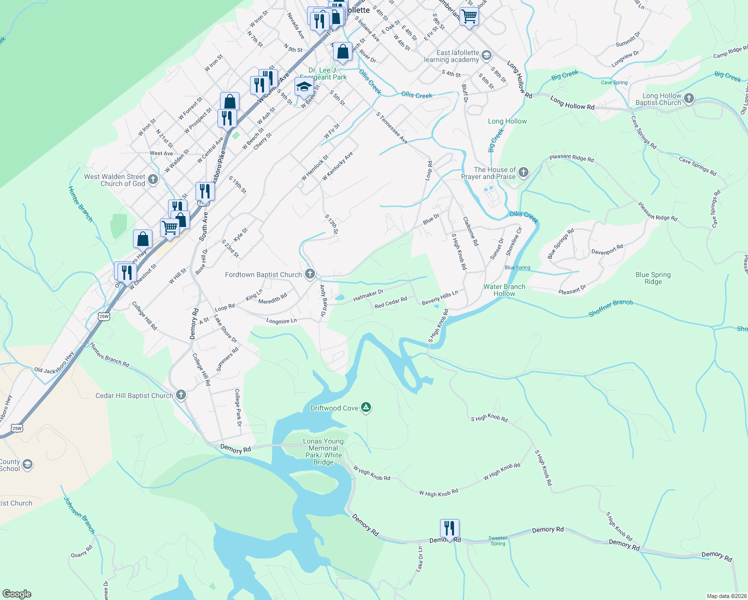 map of restaurants, bars, coffee shops, grocery stores, and more near 198 Red Cedar Road in LaFollette
