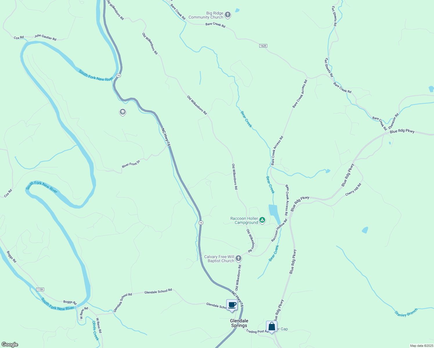 map of restaurants, bars, coffee shops, grocery stores, and more near 6115 North Carolina 16 in Jefferson