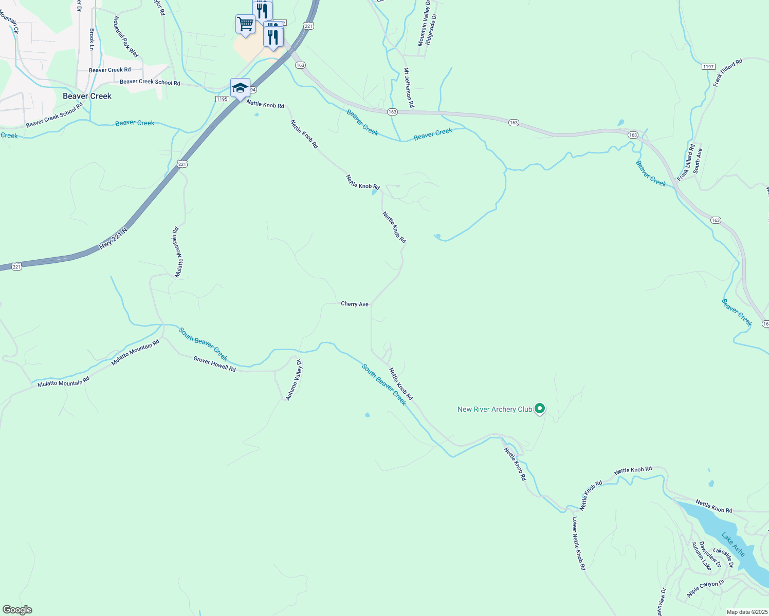 map of restaurants, bars, coffee shops, grocery stores, and more near 1607 Nettle Knob Road in West Jefferson