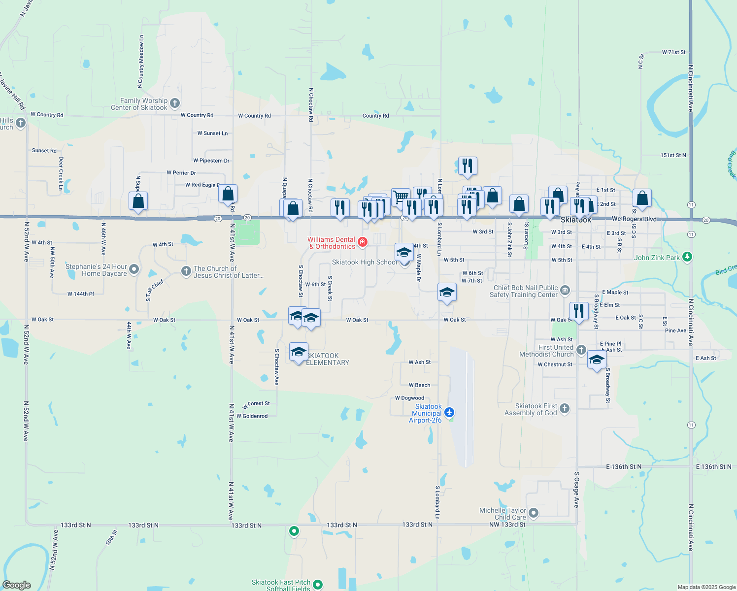 map of restaurants, bars, coffee shops, grocery stores, and more near 601 West Elm Street in Skiatook