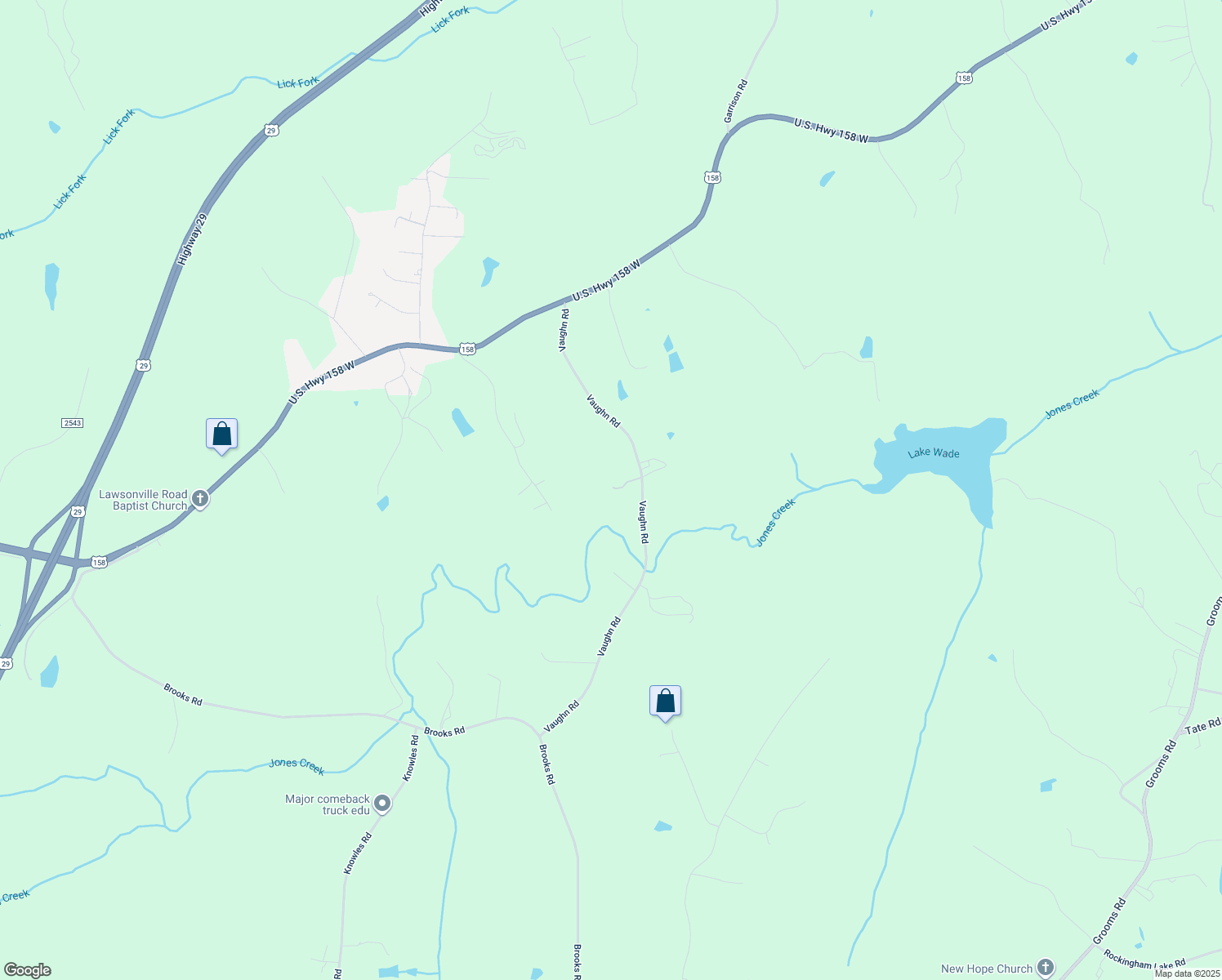 map of restaurants, bars, coffee shops, grocery stores, and more near 414 Vaughn Road in Reidsville