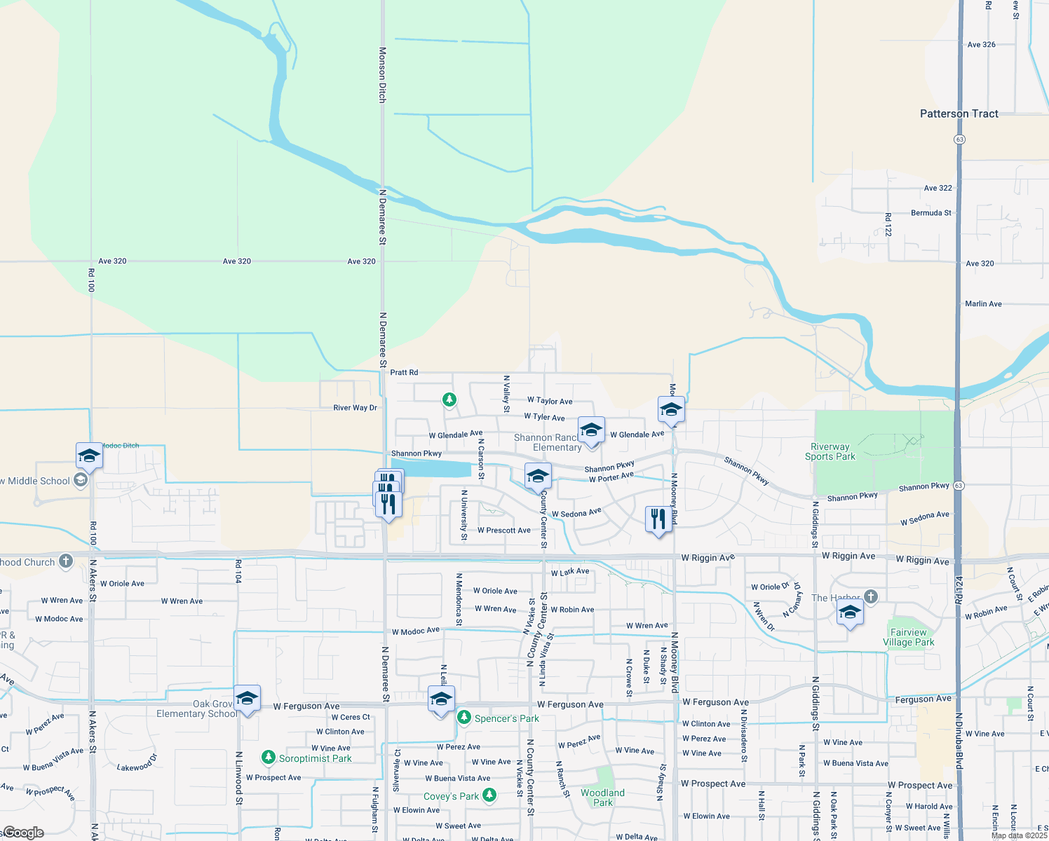 map of restaurants, bars, coffee shops, grocery stores, and more near 2831 West Tyler Avenue in Visalia