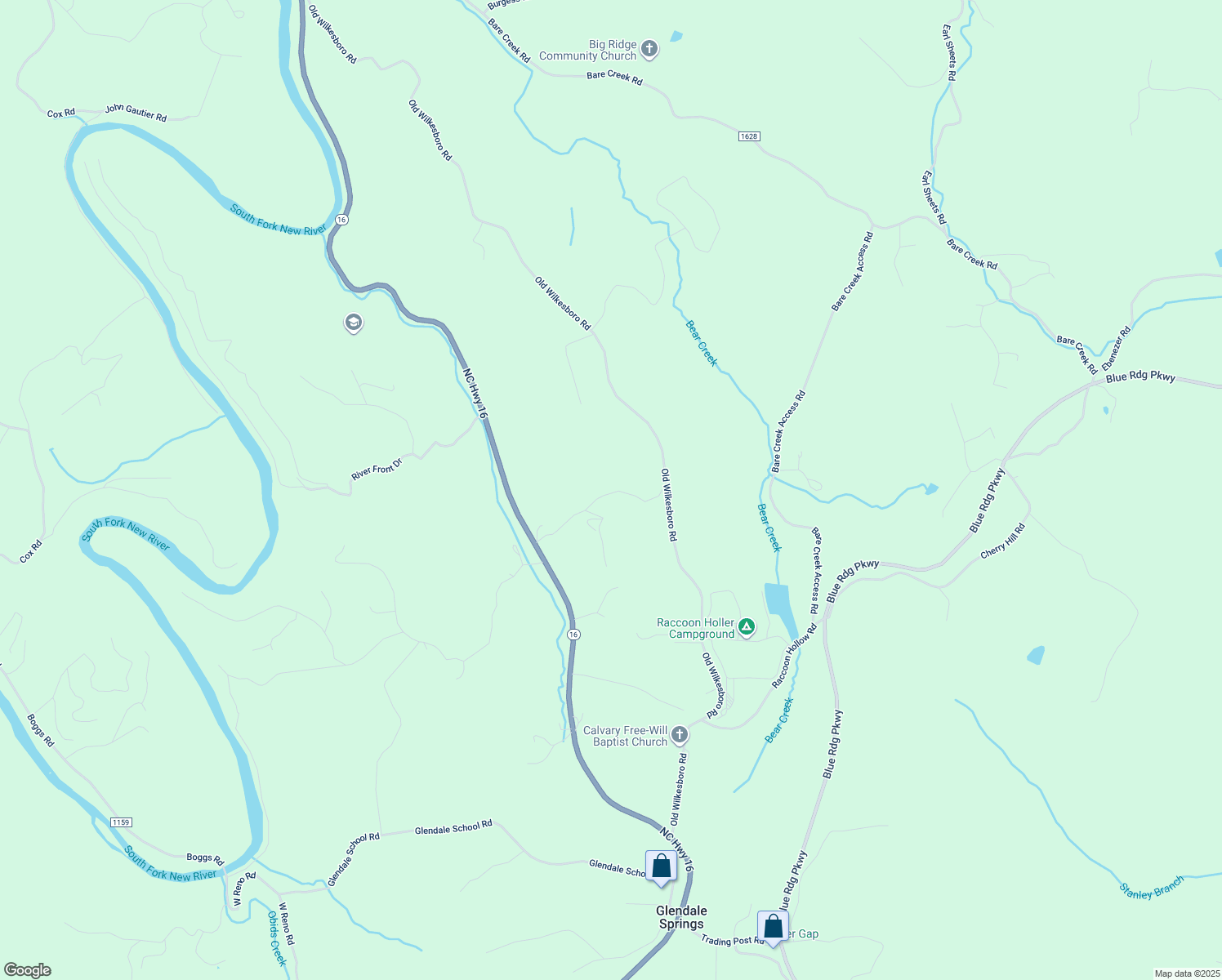 map of restaurants, bars, coffee shops, grocery stores, and more near 6115 North Carolina 16 in Jefferson