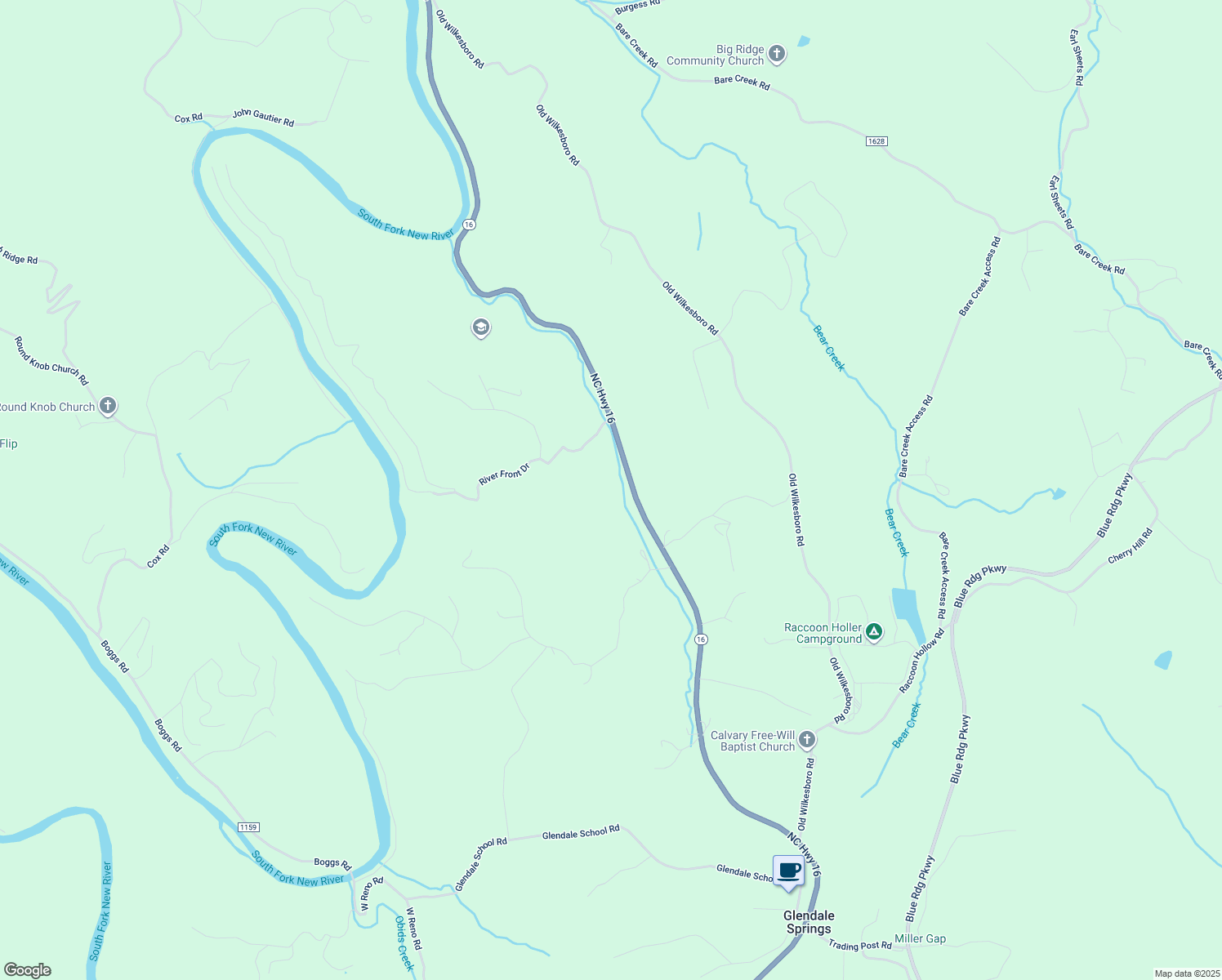 map of restaurants, bars, coffee shops, grocery stores, and more near 5924 North Carolina 16 in Jefferson