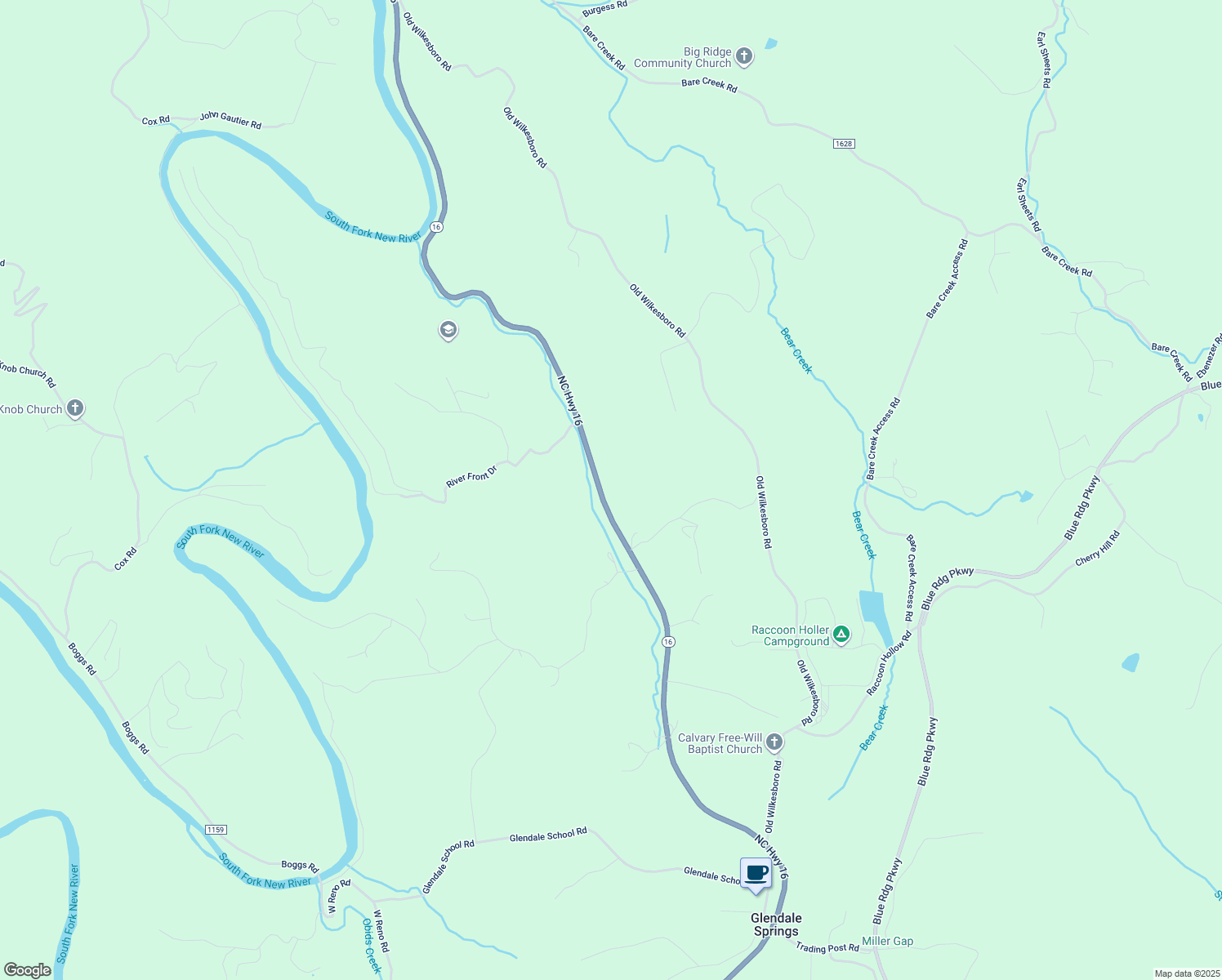 map of restaurants, bars, coffee shops, grocery stores, and more near 5893 North Carolina 16 in Jefferson