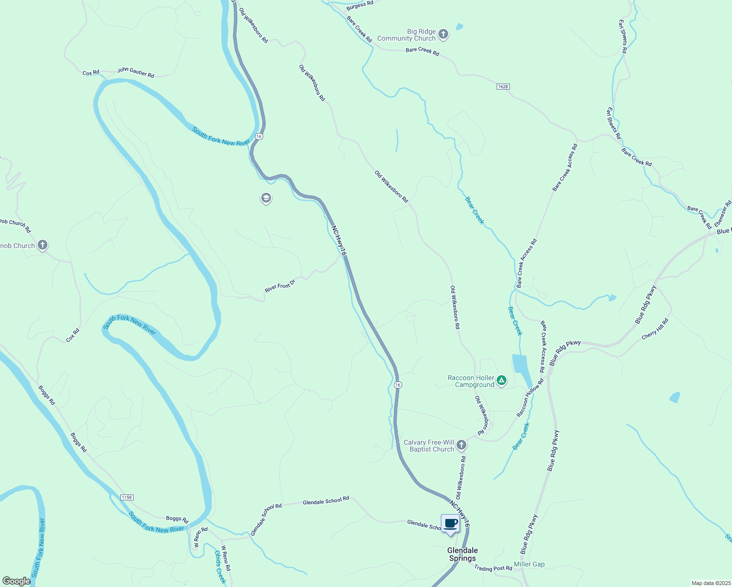 map of restaurants, bars, coffee shops, grocery stores, and more near 5893 North Carolina 16 in Jefferson