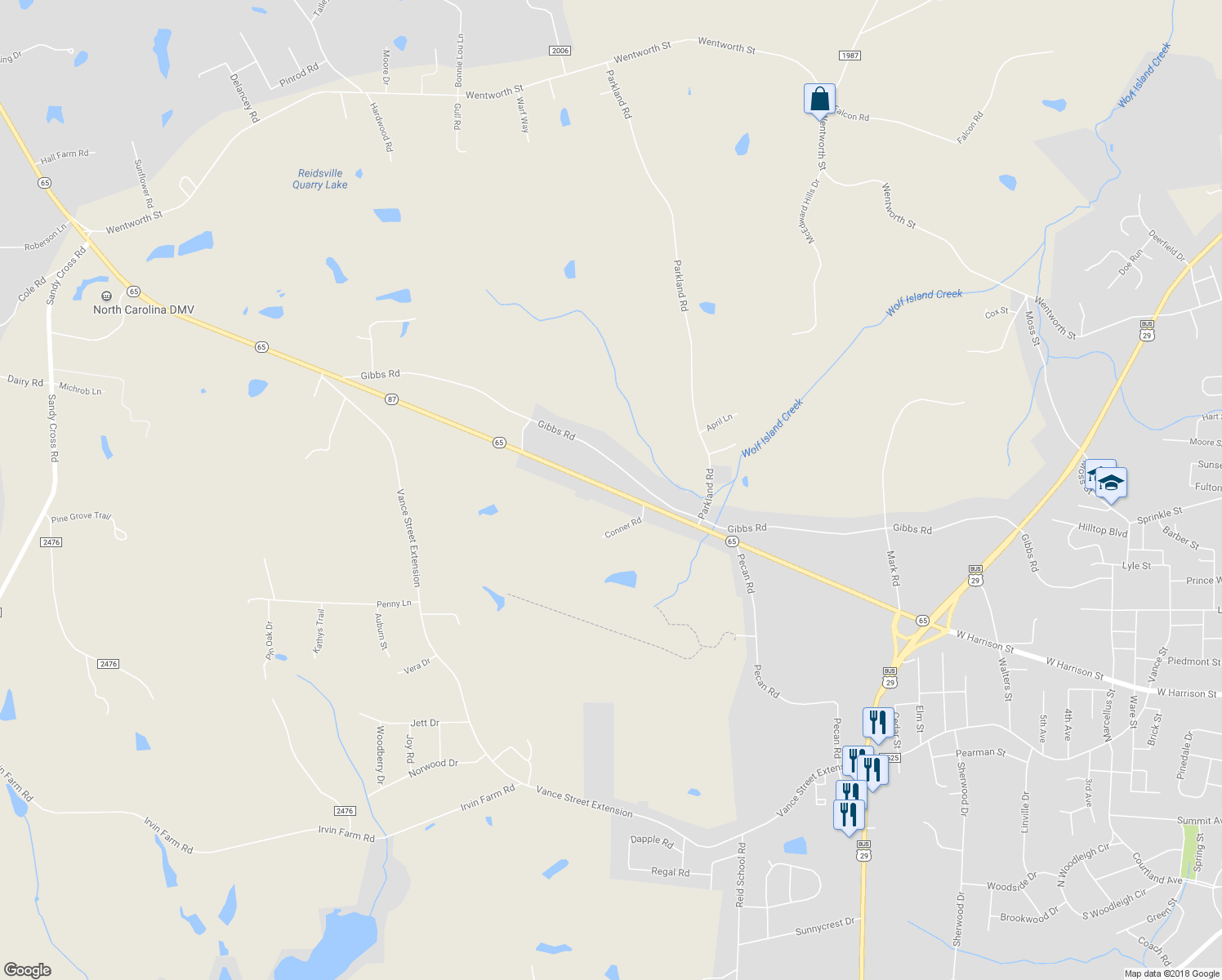map of restaurants, bars, coffee shops, grocery stores, and more near 2955 North Carolina 65 in Reidsville