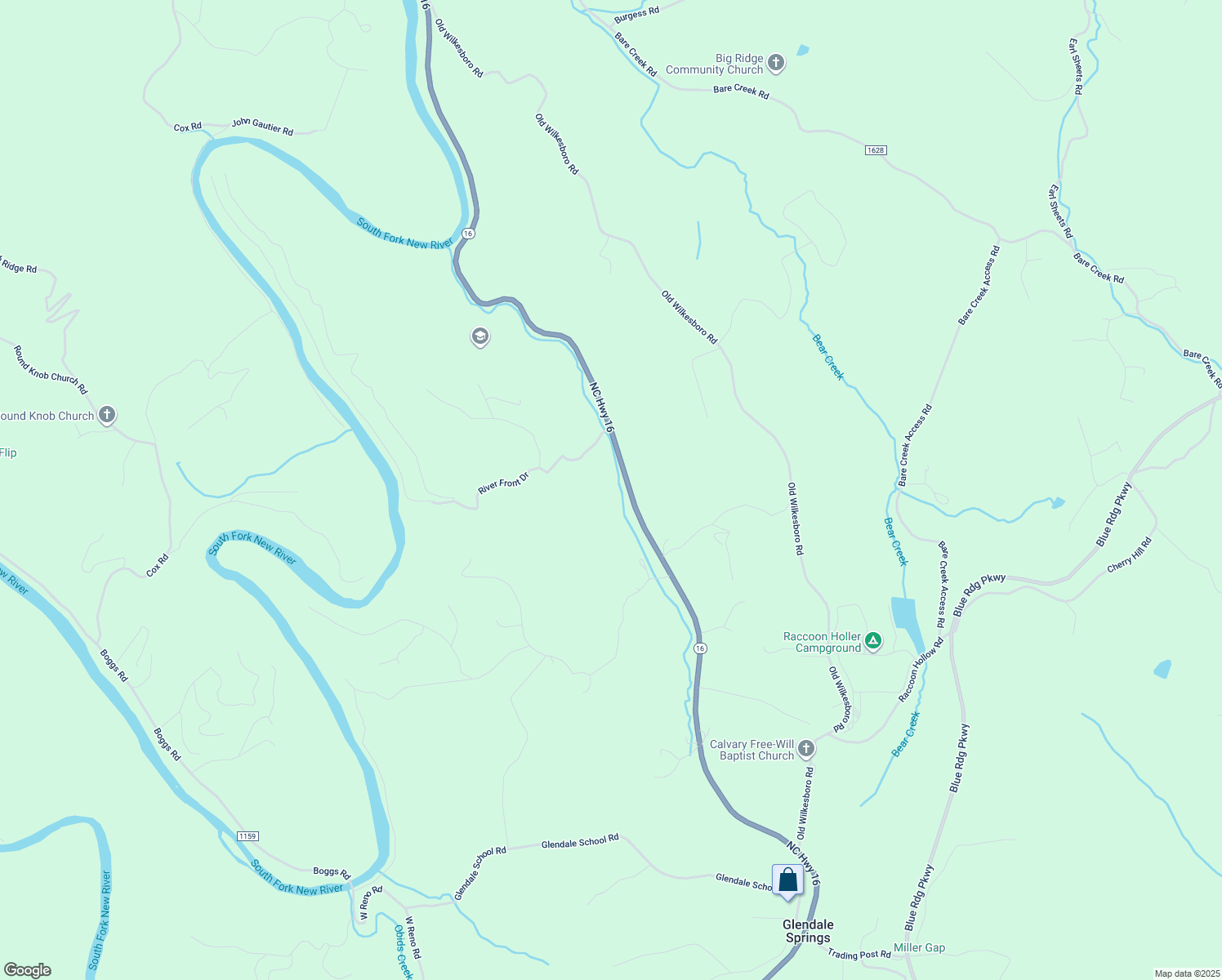 map of restaurants, bars, coffee shops, grocery stores, and more near 5878 North Carolina 16 in Jefferson
