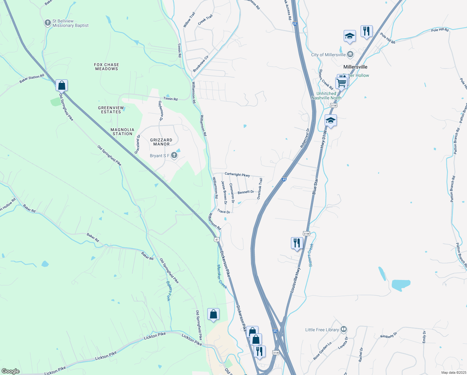 map of restaurants, bars, coffee shops, grocery stores, and more near 231 High Chaperal Drive in Goodlettsville