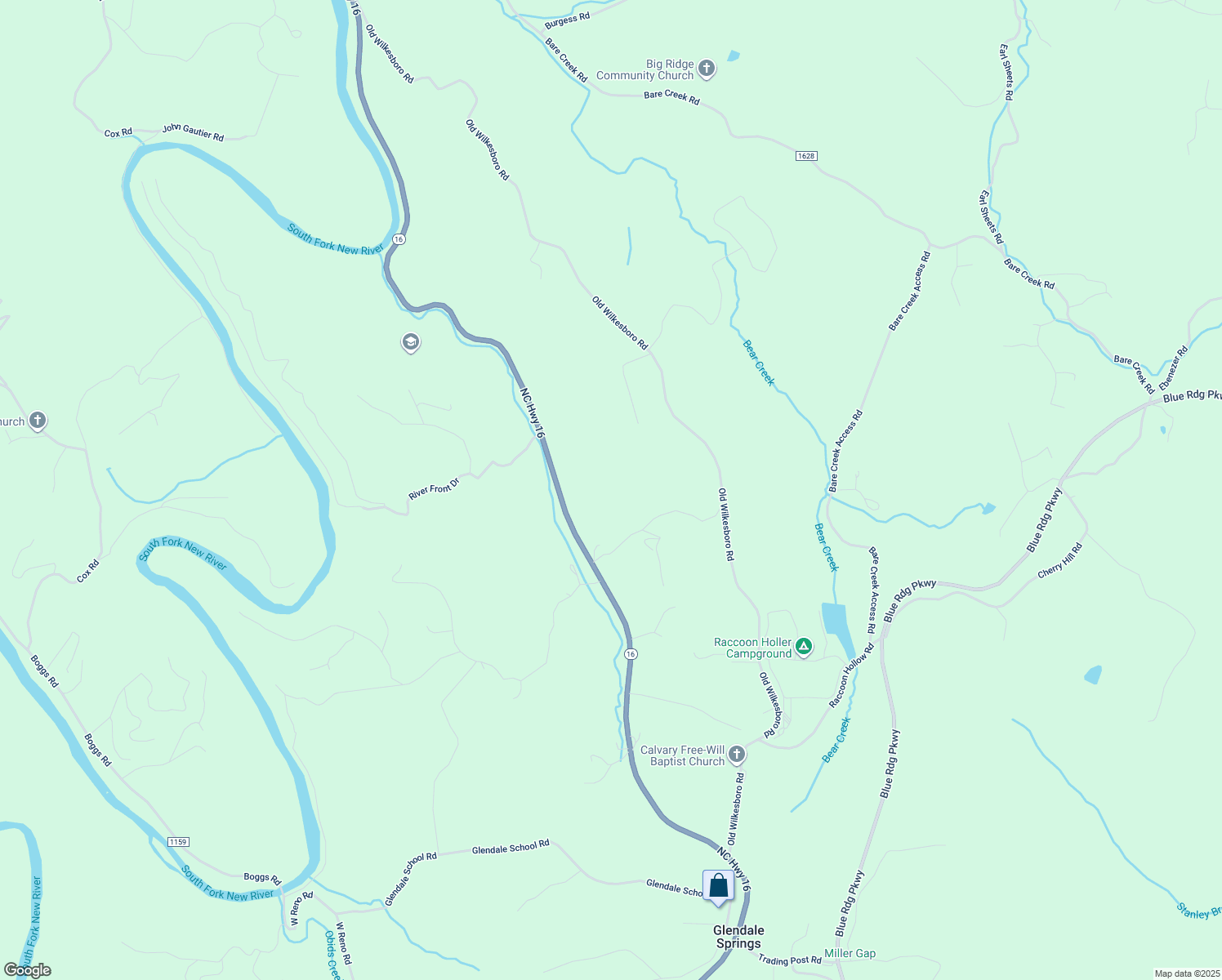 map of restaurants, bars, coffee shops, grocery stores, and more near 5887 North Carolina 16 in Jefferson