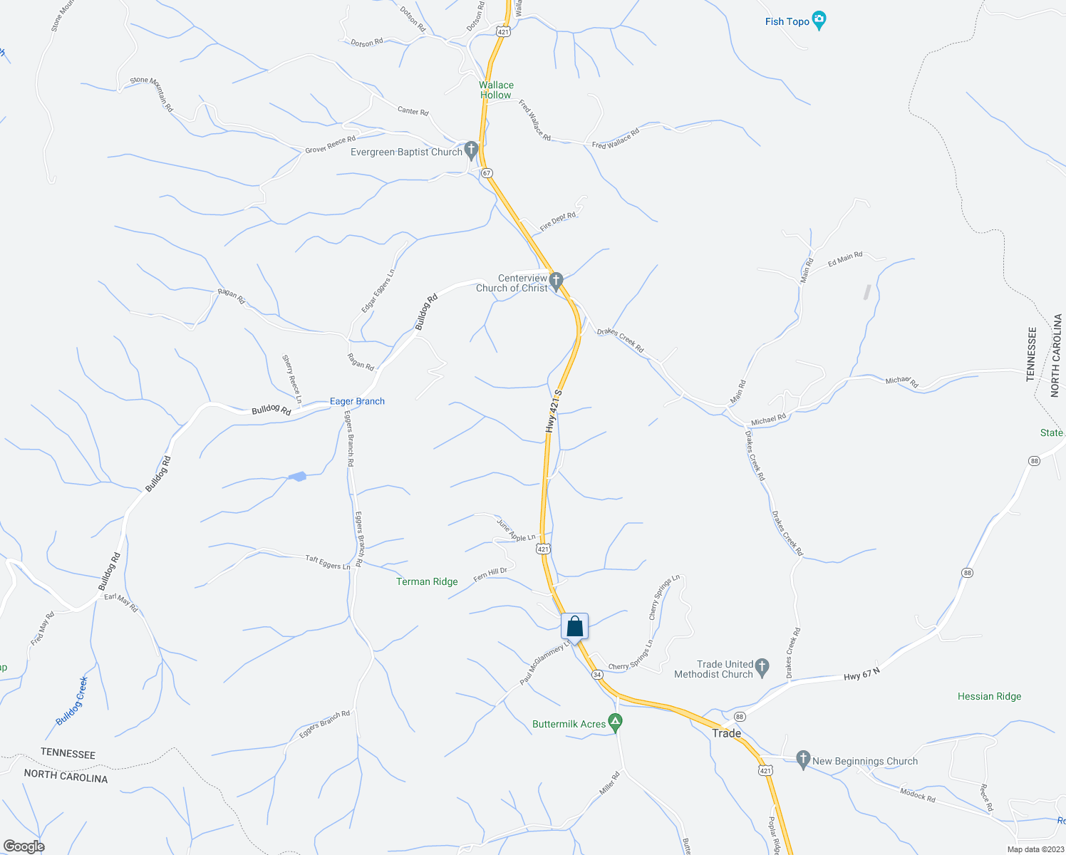 map of restaurants, bars, coffee shops, grocery stores, and more near 9830 Highway 421 South in Trade