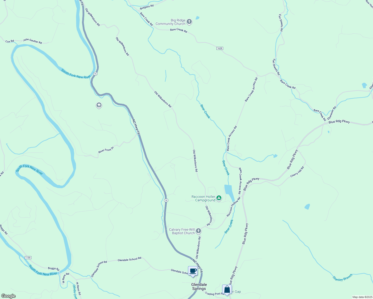 map of restaurants, bars, coffee shops, grocery stores, and more near 2170 Old Wilkesboro Road in Jefferson