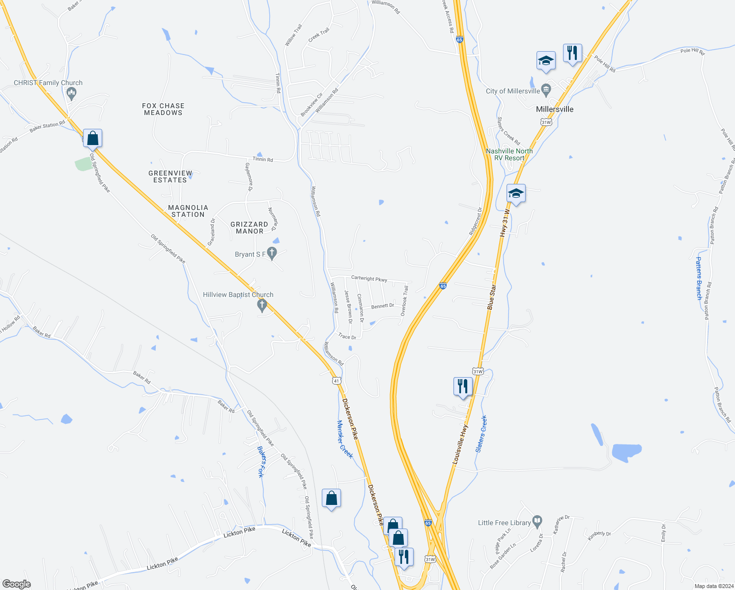map of restaurants, bars, coffee shops, grocery stores, and more near 229 High Chaperal Drive in Goodlettsville