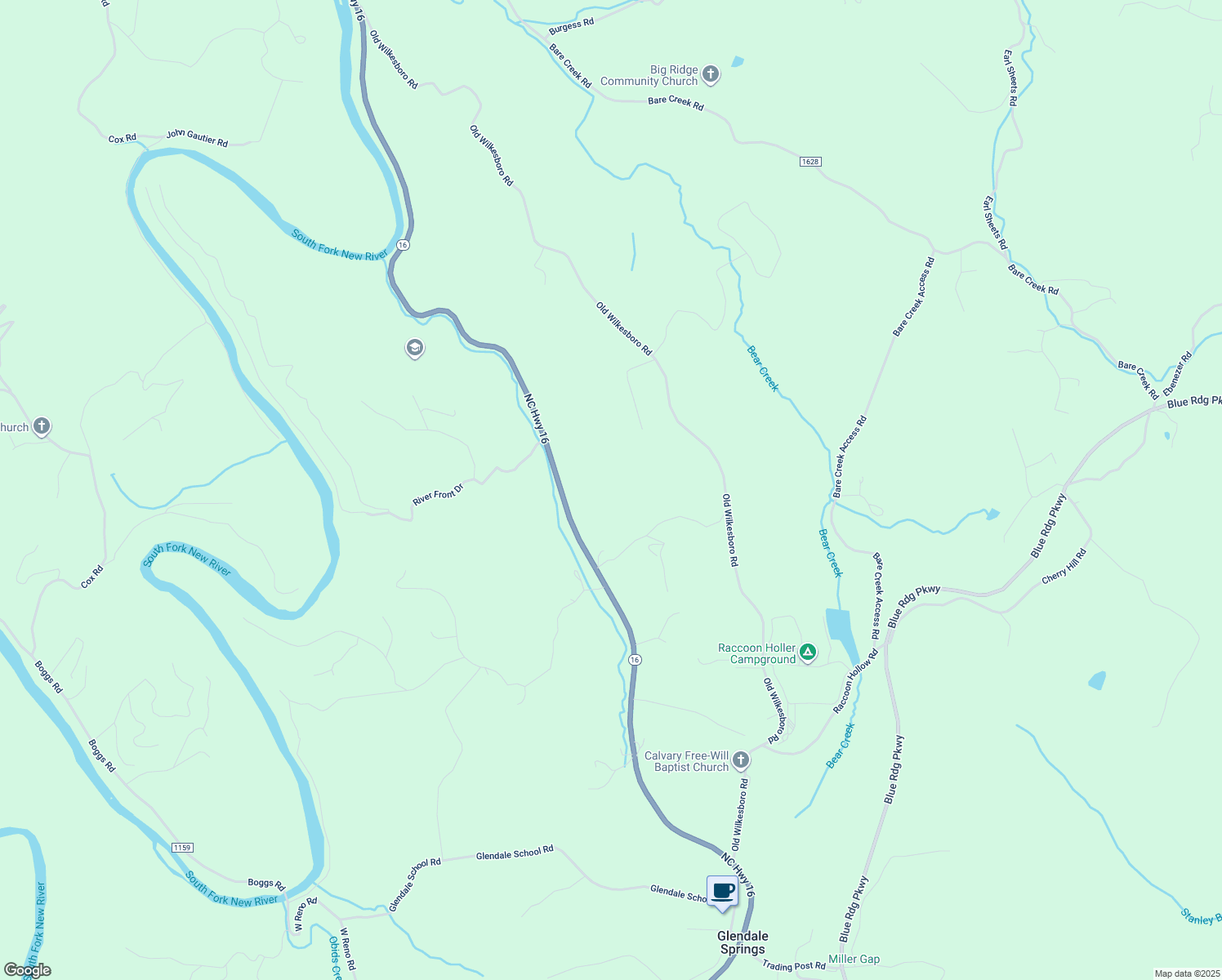 map of restaurants, bars, coffee shops, grocery stores, and more near 5887 North Carolina 16 in Jefferson