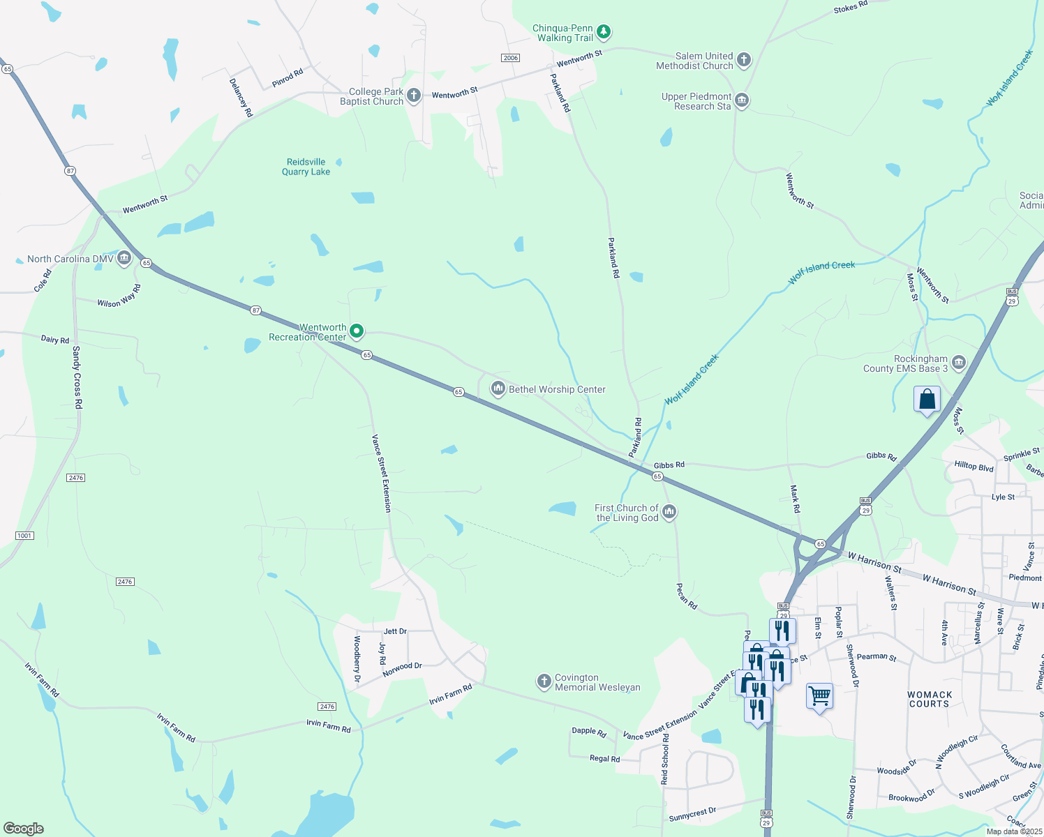 map of restaurants, bars, coffee shops, grocery stores, and more near 6082 Highway 65 in Reidsville