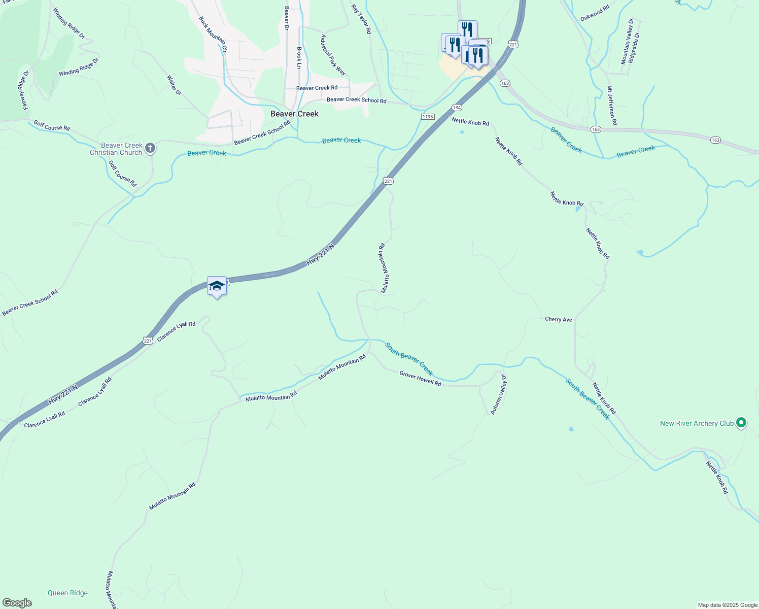 map of restaurants, bars, coffee shops, grocery stores, and more near 120 Sunshine Lane in West Jefferson