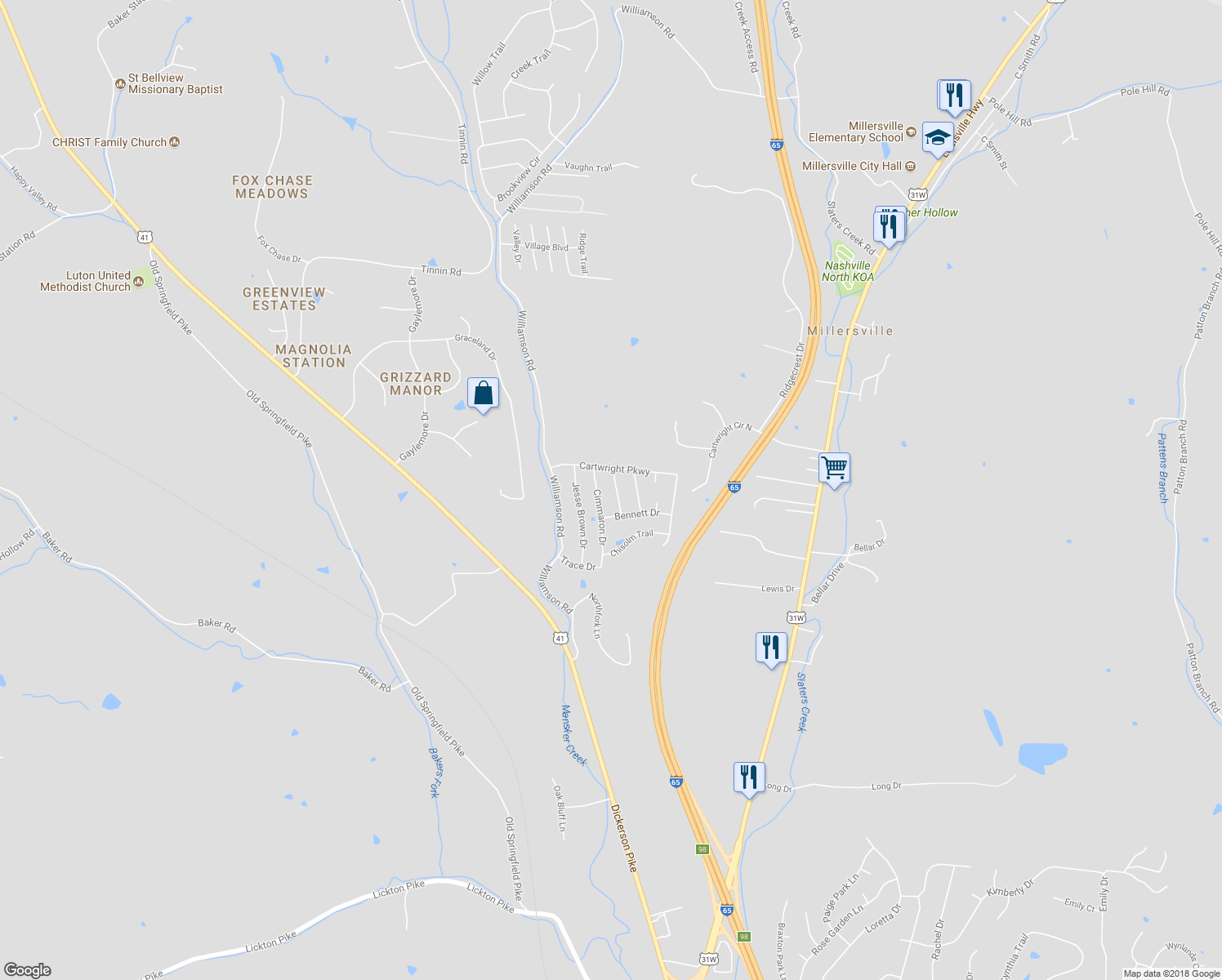 map of restaurants, bars, coffee shops, grocery stores, and more near 231 High Chaperal Drive in Goodlettsville