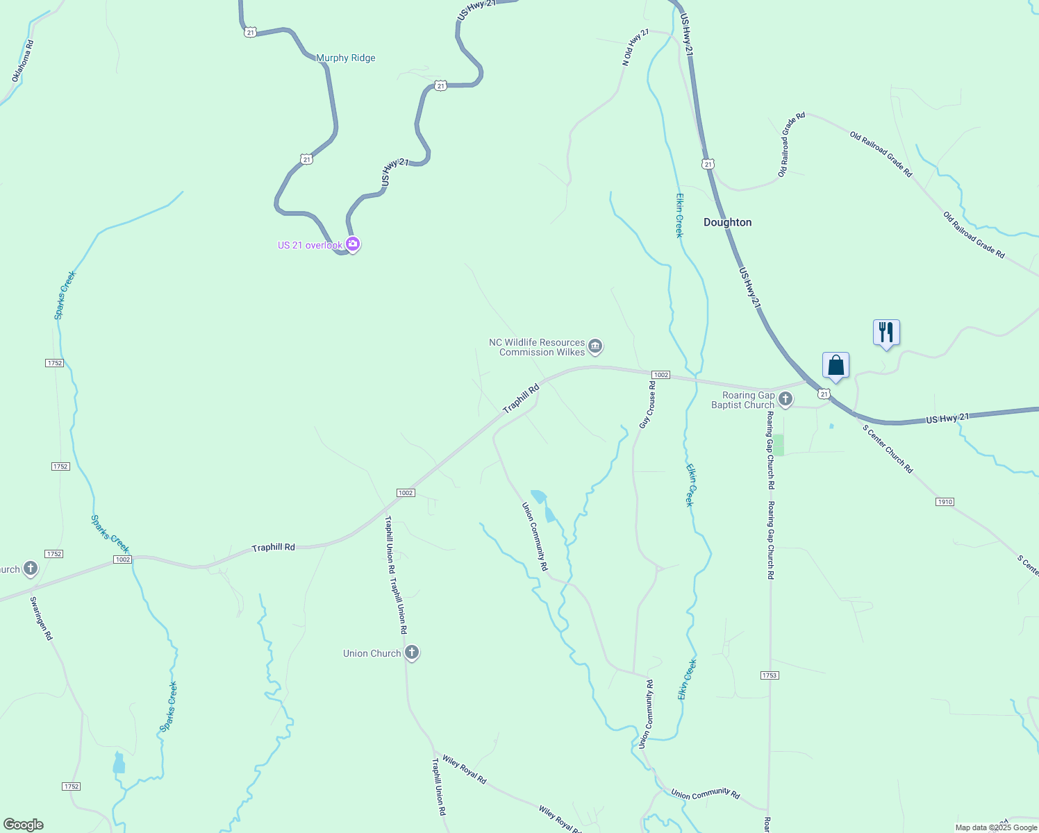 map of restaurants, bars, coffee shops, grocery stores, and more near 429 Union Community Road in Thurmond
