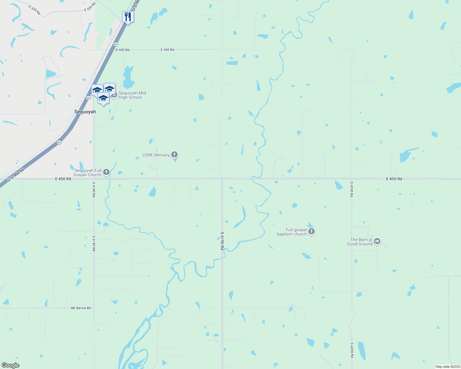 map of restaurants, bars, coffee shops, grocery stores, and more near 17053 South 4190 Road in Claremore