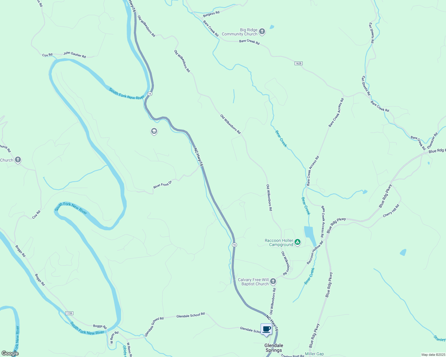 map of restaurants, bars, coffee shops, grocery stores, and more near 5821 North Carolina 16 in Jefferson
