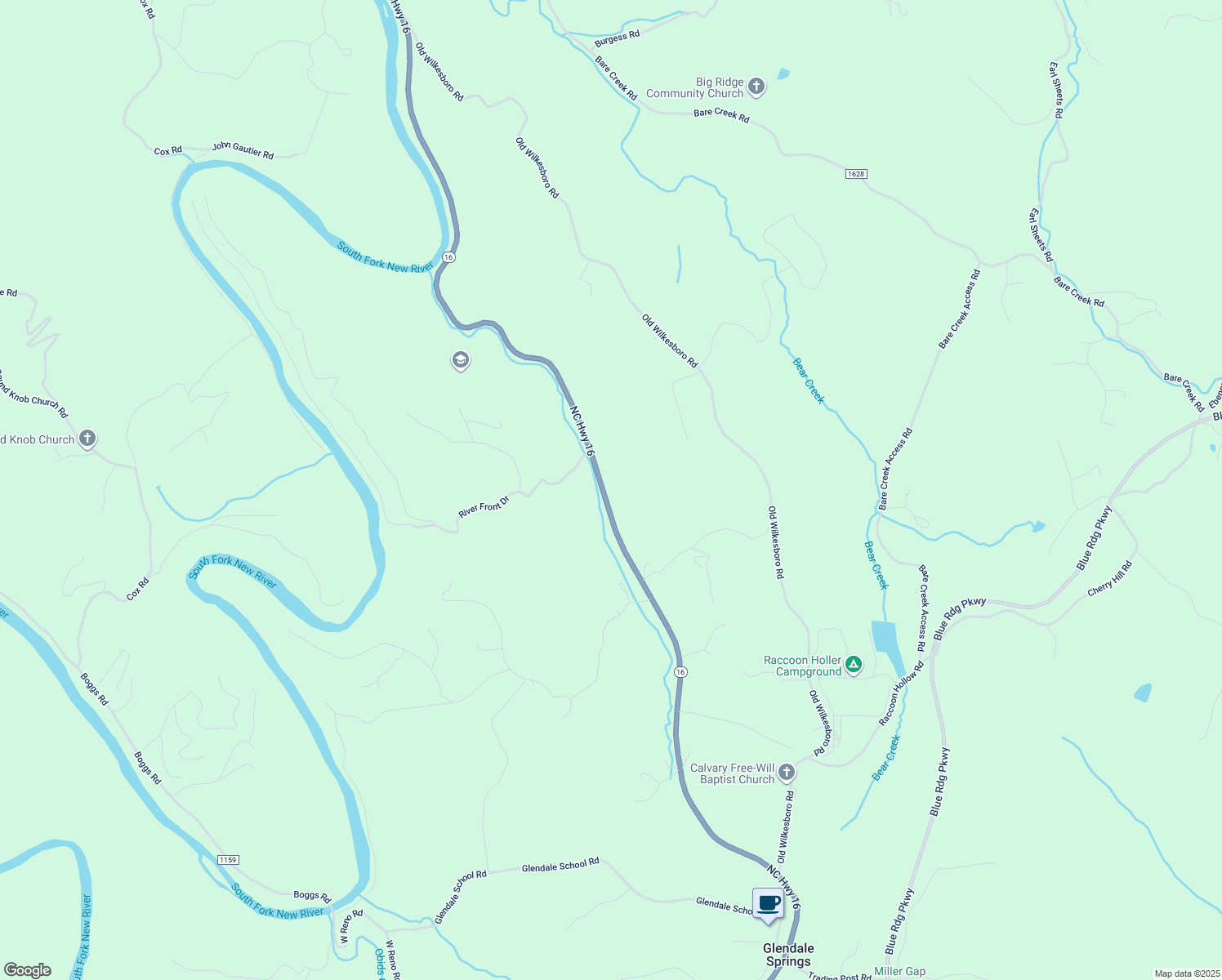map of restaurants, bars, coffee shops, grocery stores, and more near 5821 North Carolina 16 in Jefferson