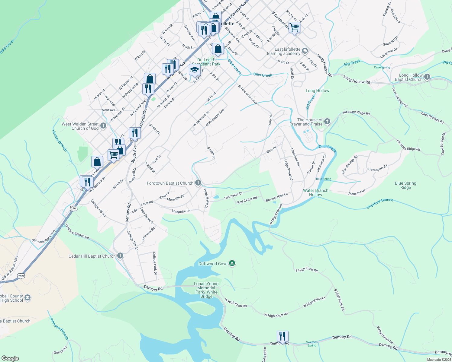 map of restaurants, bars, coffee shops, grocery stores, and more near 1501 Loop Road in LaFollette