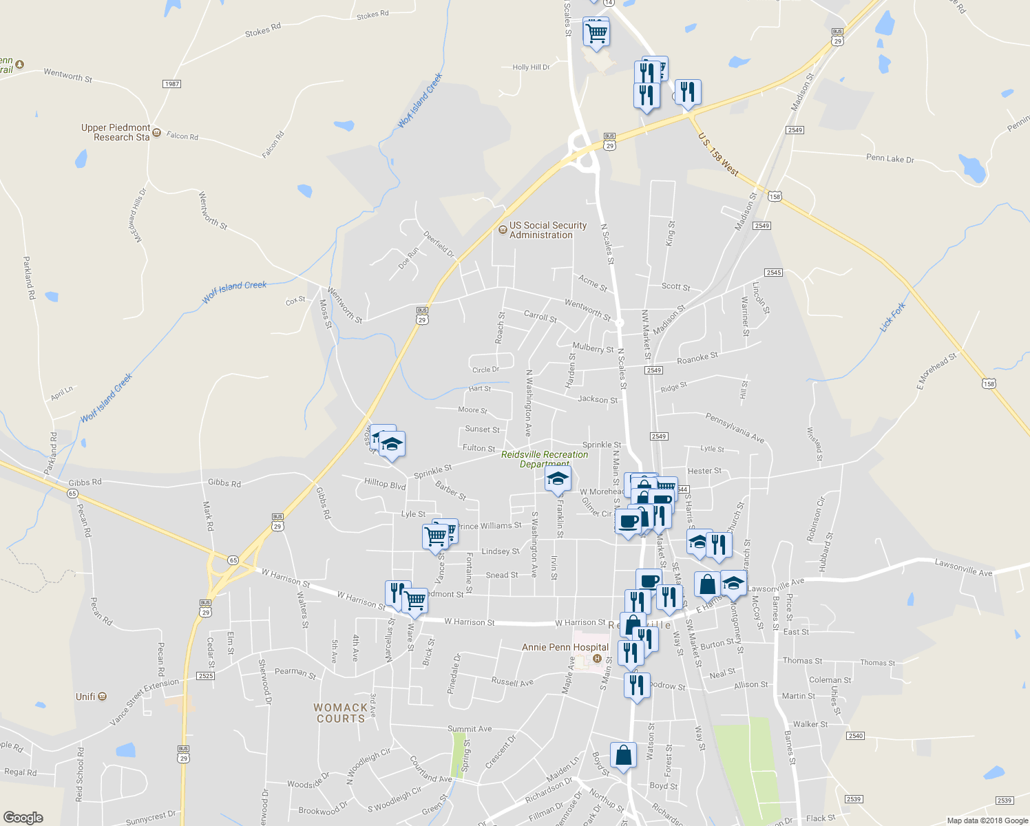 map of restaurants, bars, coffee shops, grocery stores, and more near 507 Wray Street in Reidsville