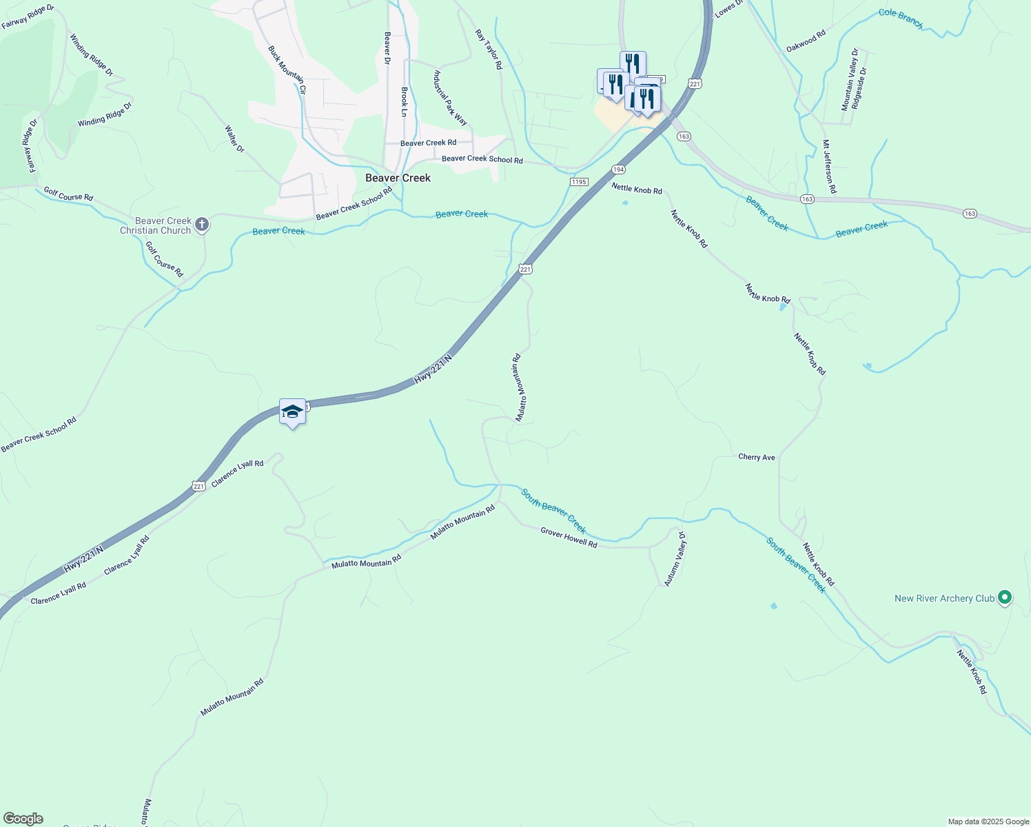 map of restaurants, bars, coffee shops, grocery stores, and more near 642 Mulatto Mountain Road in West Jefferson
