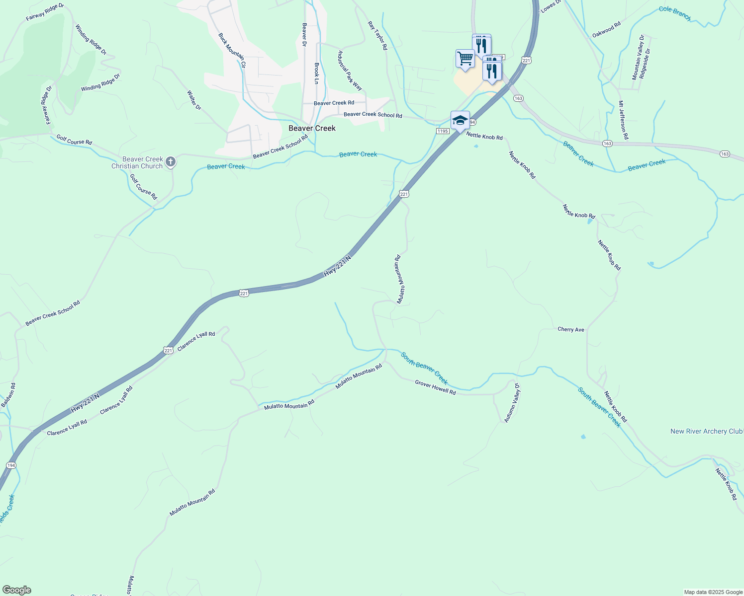 map of restaurants, bars, coffee shops, grocery stores, and more near 770 Mulatto Mountain Road in West Jefferson