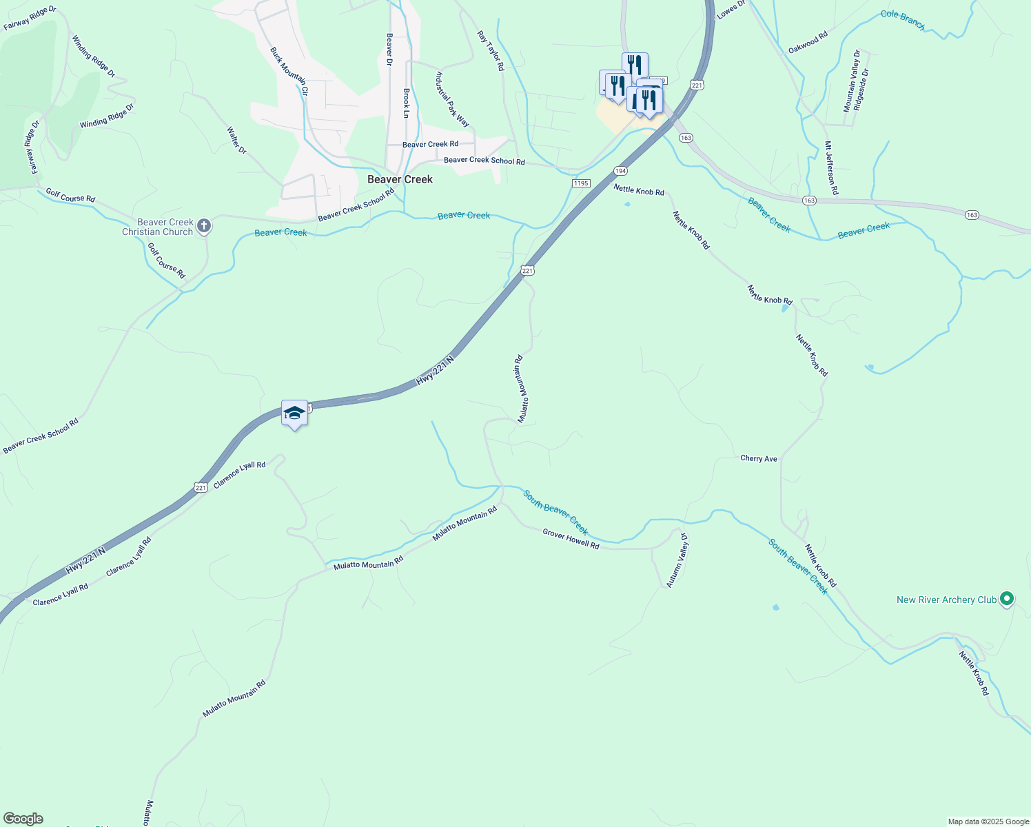 map of restaurants, bars, coffee shops, grocery stores, and more near 642 Mulatto Mountain Road in West Jefferson