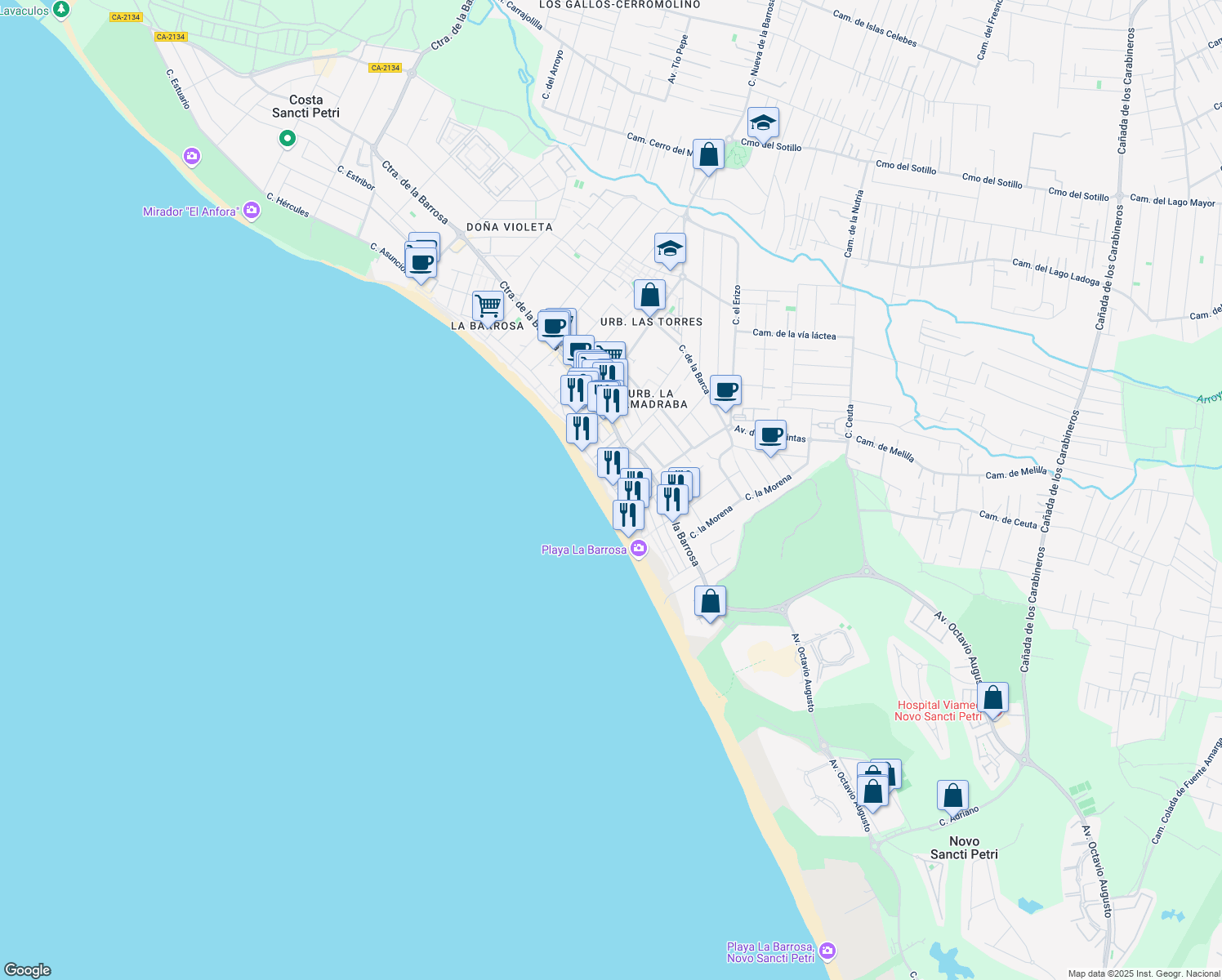 map of restaurants, bars, coffee shops, grocery stores, and more near Calle el Rape in Chiclana de la Frontera